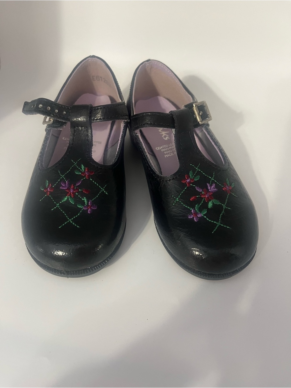 Girls Clarks Black Leather T-Strap Mary Jane Shoes with Floral Embroidery